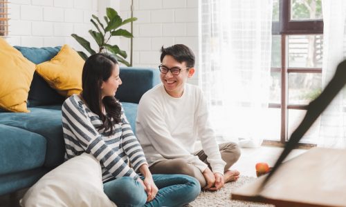1 Asian couple man and woman talking working spend time together at home, Asian couple family lifestyle concept