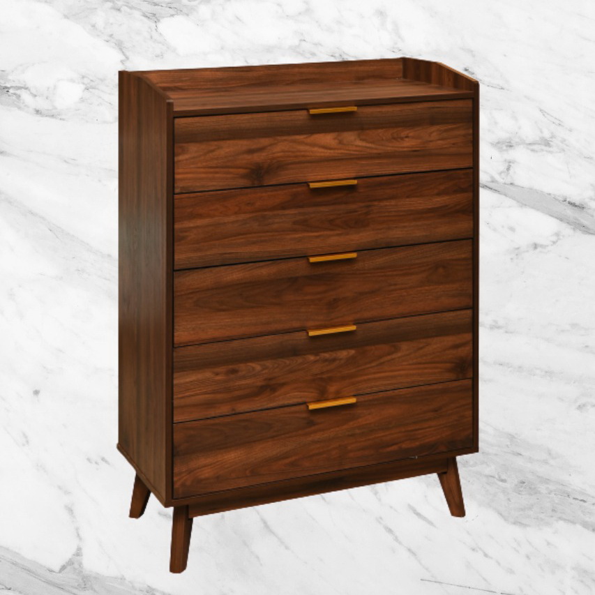 Dark wood chest of drawers in modern furniture style.